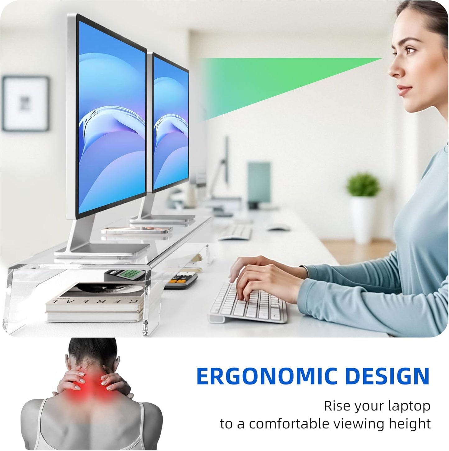 Clear Acrylic Dual Monitor Stand Riser,LED Light 31.5 Inch Computer Monitor Stand for 2 Monitors,Office Desktop Organizer for Laptop,PC,Computer,Printer