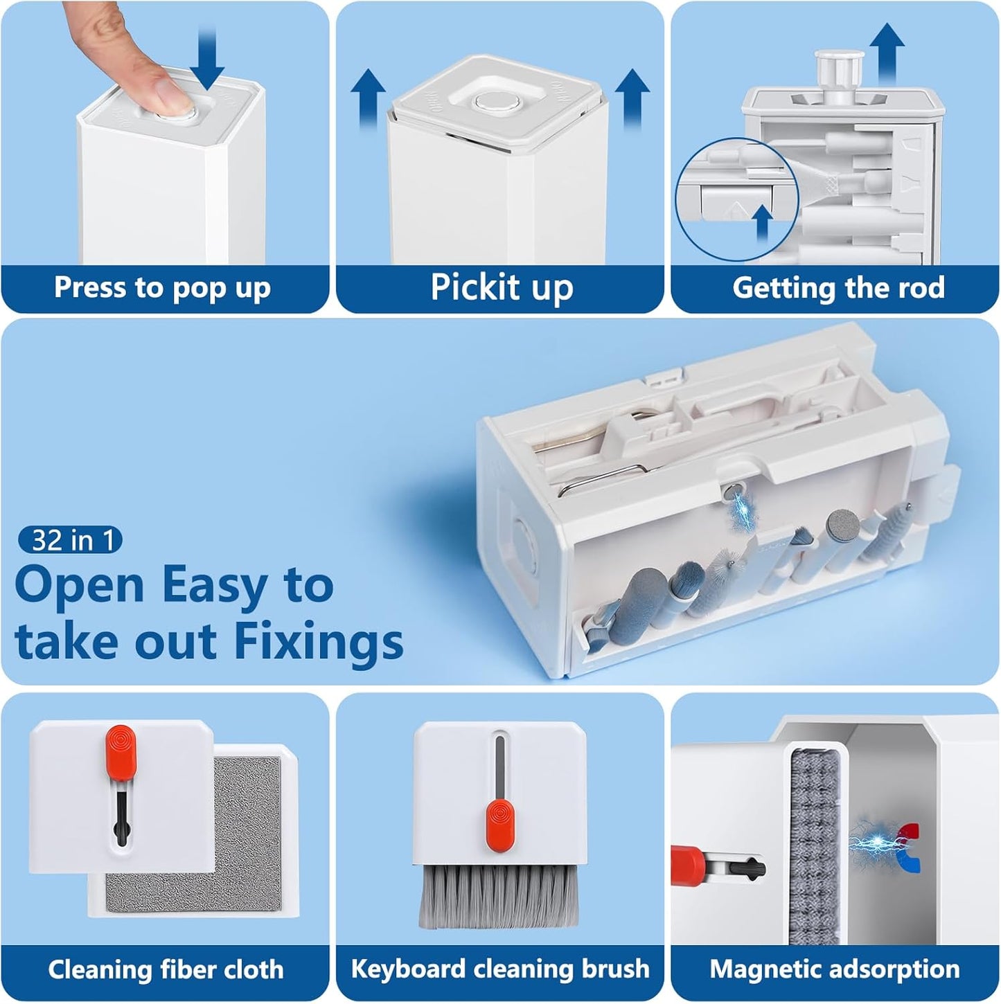 32 in 1 Cell Phone Cleaning kit with Charging Port Cleaner,Stylus Pen,SIM Tool,Keyboard Brush,Speaker Brush,Electronic Cleaning kit for iPhone,AirPods,iPad,Keyboard,MacBook,Earbud,Camera Lens(White)
