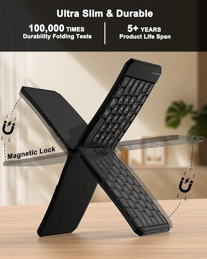 Ergonomic Foldable Keyboard and Mouse Combo, 2.4G+Dual Bluetooth Rechargeable Folding Keyboard Mouse for Travel and Business, Split Design, Portable Size for Laptop iPads Tablet Smartphone