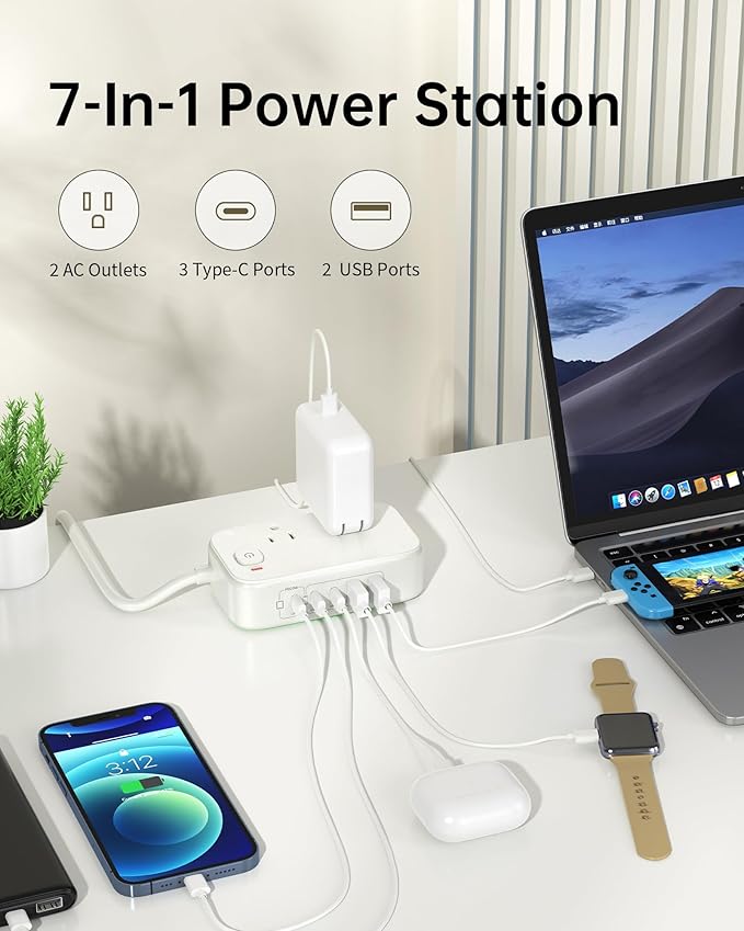 Power Strip with USB C,5 Port USB C Charger Station,White Surge Protection 1200J,5FT Flat Extension Cord USB Charging Hub for Multiple Devices (Pearl White, 30w)