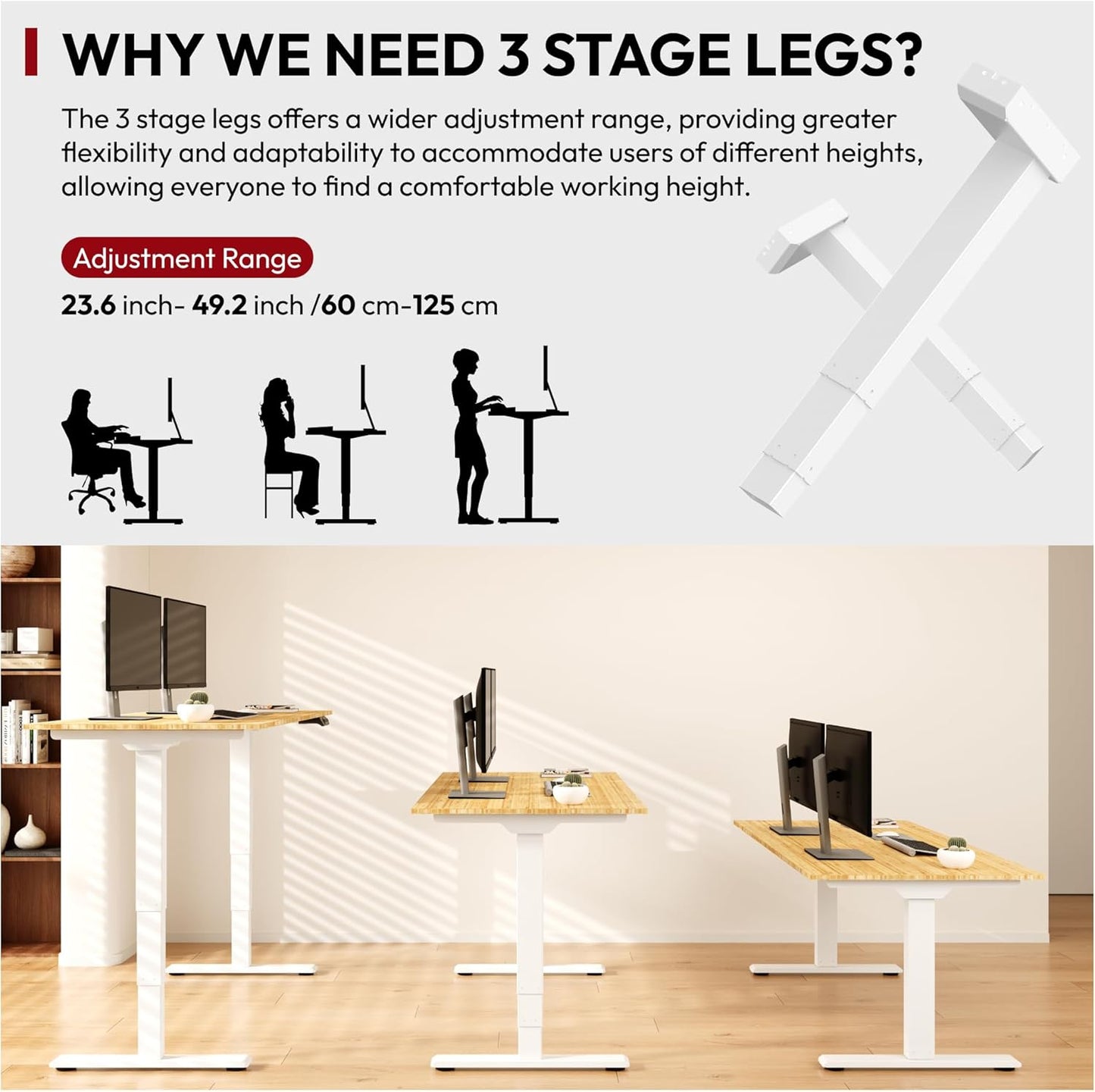 Standing Desk with Dual Motor, 3-Stage Lifting Column, Handset with 3 Preset and Sit-Stand Reminder - 60 inch Whole Piece Real Bamboo Desk/White Frame, Height Adjustable Desk for Home and Office