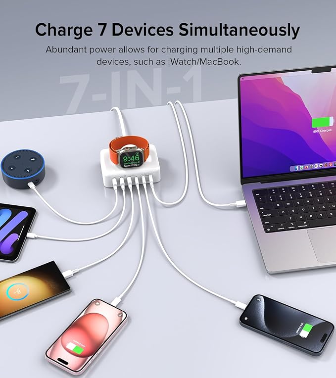 USB C Charging Station Block 170W, 6 Port Fast Wall Charger Plug,Travel Charger Power Adapter Cube for iPhone16 15 14 13 12 Series, Apple Watch Ultra SE 9 8 7 6 5 4 3 2, AirPods4，watch10 ultra2