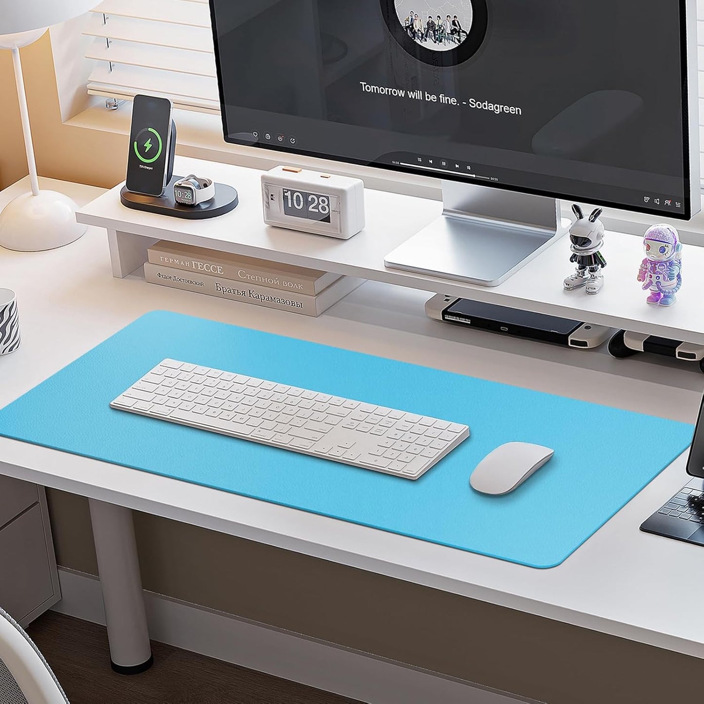 Boutilon Leather Desk Pad Protector,Non-Slip Mouse Pad,Laptop Desk Pad,Office Mouse Mat,Waterproof Leather Desk Blotter,Desk Writing Pad for Office and Home(M-Aqua Blue,30"x14")