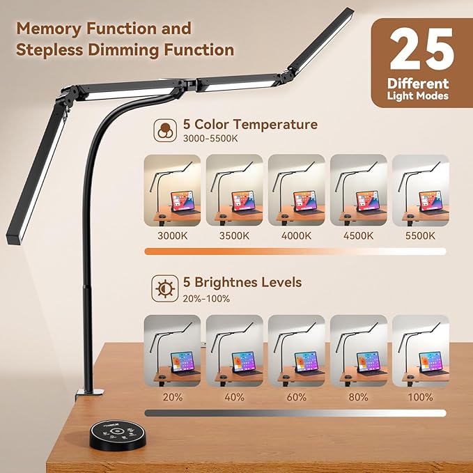 Led Desk Lamps for Home Office - Eye Caring Architect Lamp with Clamp, Double Head Computer Monitor Gooseneck Desk Light with Remote Control: 24W Flexible Dimmable Desktop Table Lamp