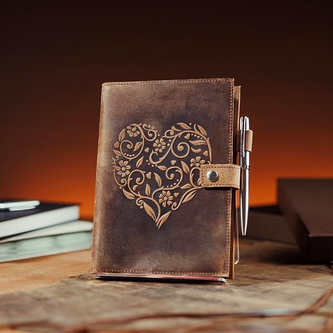 moonster Refillable Leather Journal Embossed Heart Shape Cover Design Journals with Pen – Milled A5 Leather Journal Lined Paper - Journals for Women – Leather Vintage Journal - 320 Pages
