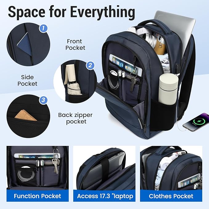 Business Laptop Backpack, 17.3 Inch Travel Laptop Bag Rucksack with USB Charging Port, Water-Resistant Bag Daypack for Work College Computer Men Women Backpack (Navy)