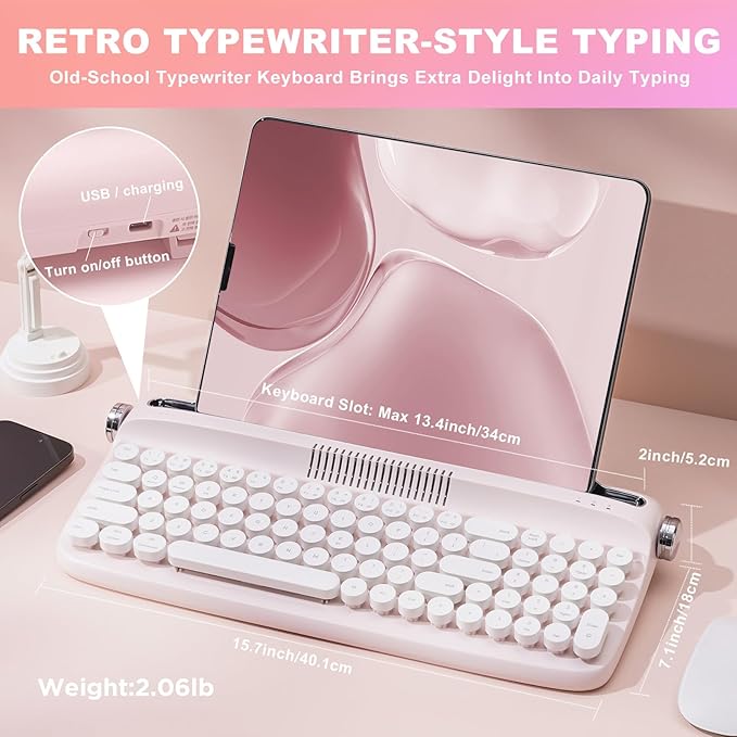 YUNZII Upgraded Wireless Typewriter Keyboard,with Retro Integrated Stand,USB-C/Bluetooth,Cute Round Keycaps, USB-C/Bluetooth Connection for Table, Phone, PC and Win/Mac/Android (B309, Baby Pink)