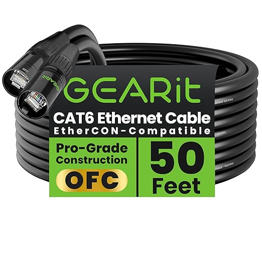 GEARit Shielded CAT6 Ethercon Cable (50 Feet) Professional Audio & Lighting RJ45 EtherCON-Compatible Cable for Studio, Stage, Concerts - 50ft Black