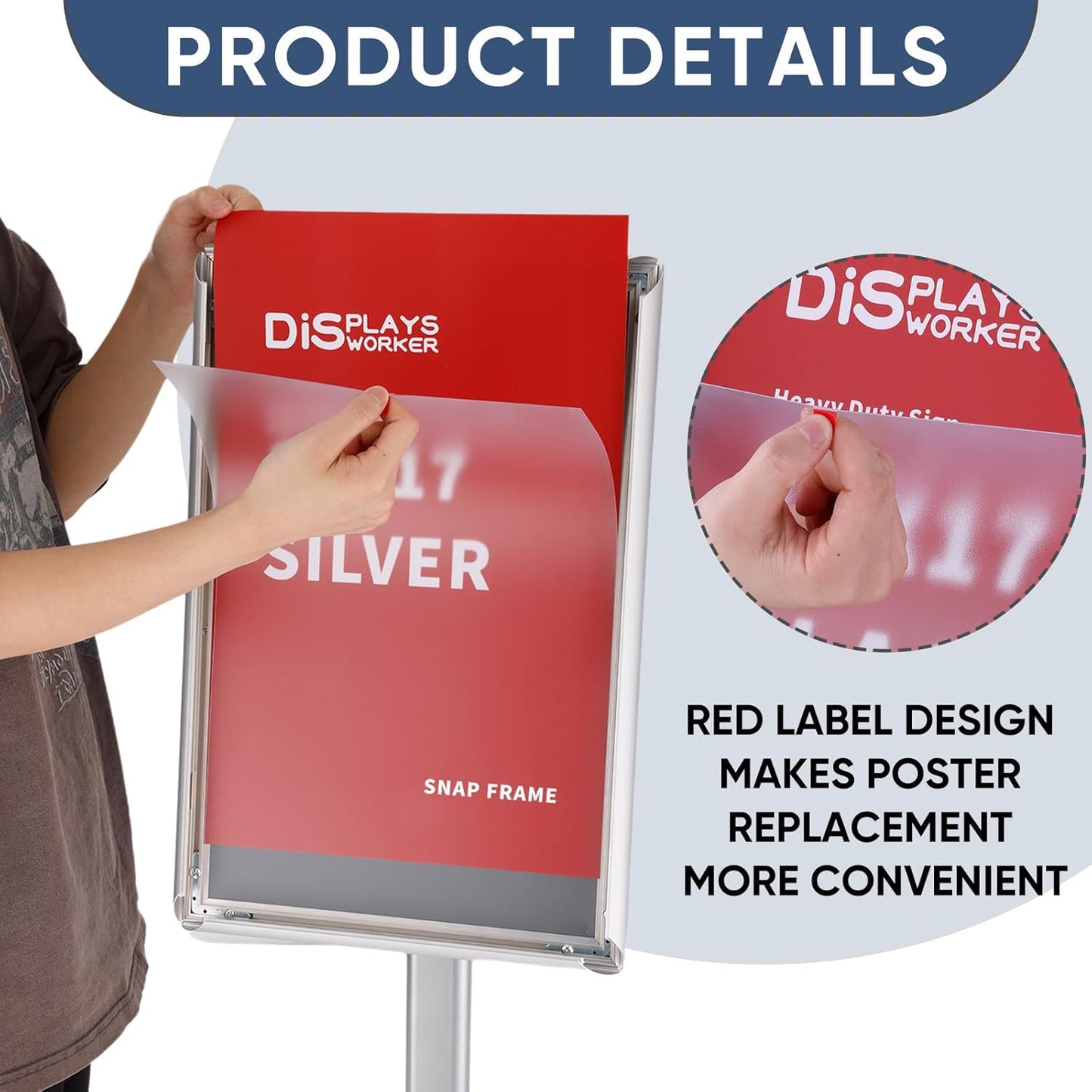 DISPLAYSWORKER Adjustable Heavy Duty Pedestal Sign holder floor Stand,sign stand poster stand Aluminum Snap Open Frame,Standing Floor for 11x 17 inch,Vertical/Horizontal View,SILVER