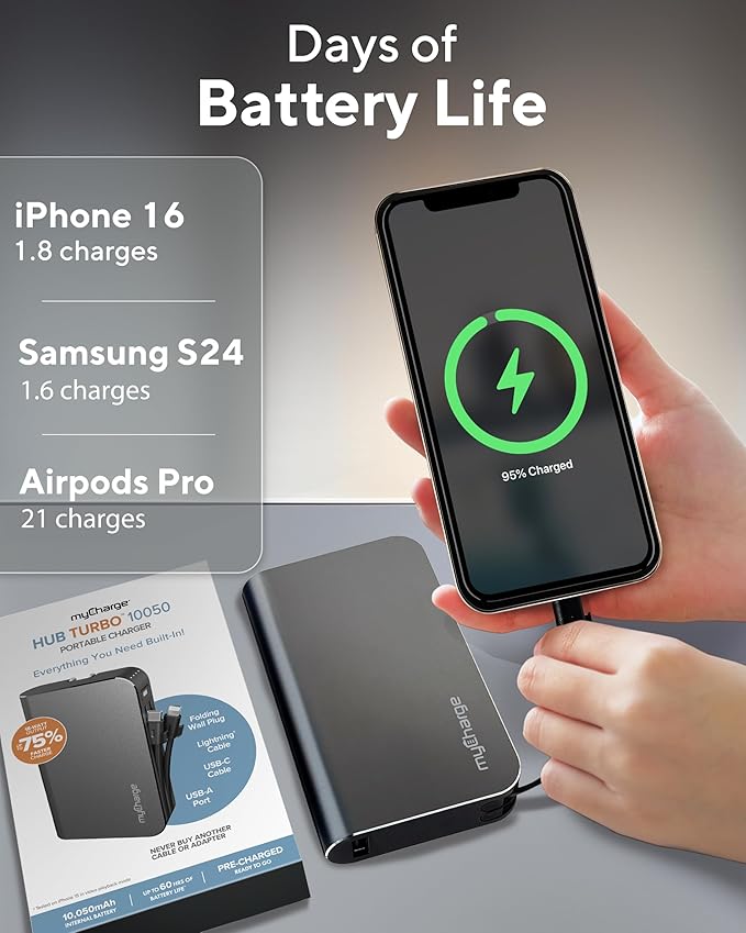 myCharge Portable Charger with Wall Plug – 10050mAh Fast Charging – Power Bank for iPhone, Samsung, Android & More - External Battery Pack Portable Charger with Built-in Cables (Lightning + USB-C)