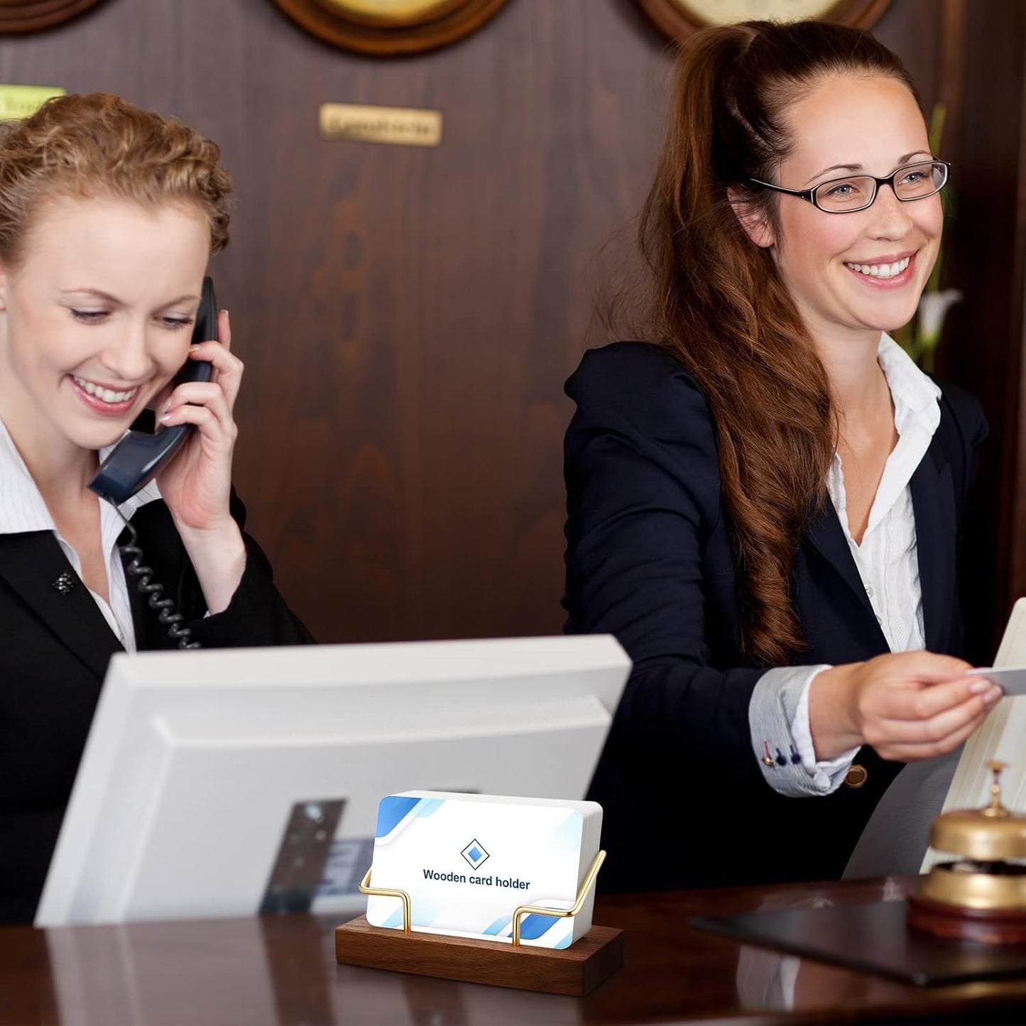 Amyhill 2 Pieces Wood Business Card Holder for Desk Wooden Business Card Display Stand Postcard Holder for Office Home Desktop (Wood Color, Gold)