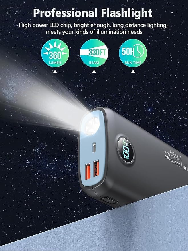Portable Charger, 30000mAh QC4.0 PD3.0 30W USB C Fast Charging, Power Bank with 3W Flashlight and Led Display, External Battery Pack Travel Essentials for iPhone 17 16, Galaxy, LG, Tablet, and More