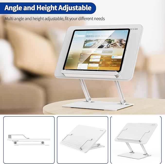 BESIGN BS01 Book Stand for Reading, Adjustable Book Holder, Ergonomic Laptop Stand with Elastic Page Clips for Music Scores, Recipe, Tablet, Laptop (White)
