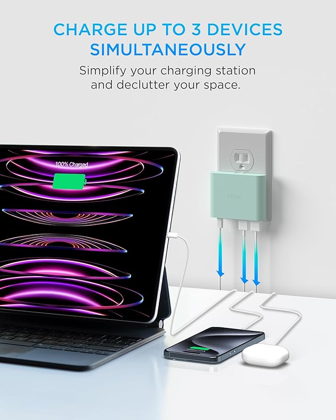 iHome 32W AC Pro Multi Port USB Wall Charger Block - Charging Station for Multiple Devices with 3 Ports (1 USB-C, 2 USB-A) - Fast Charging, Universal Compatibility (Mint)