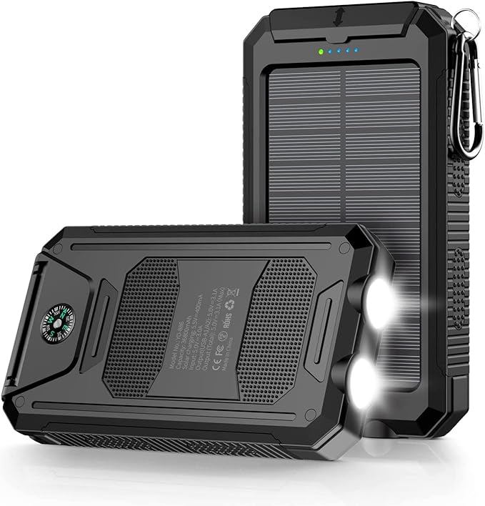 Power Bank,Solar Charger,36800mAh 5V3.1A QC 3.0 Dual 2 USB Port Built-in Powerful Flashlight IPX7(Black)