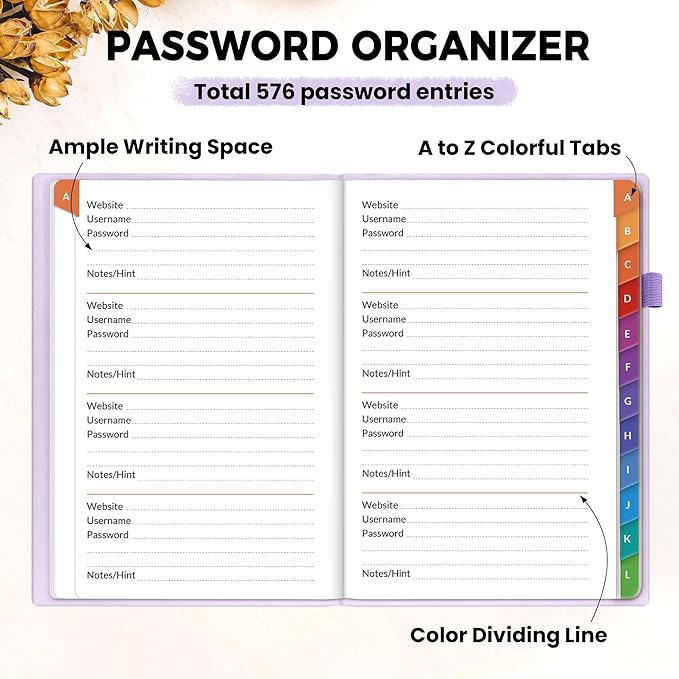 SUNEE Password Book with Colorful Alphabetical Tabs, Password Books for Seniors, Password Keeper Book for Computer and Internet Address Website Login, 5.3''x 7.7''- Purple
