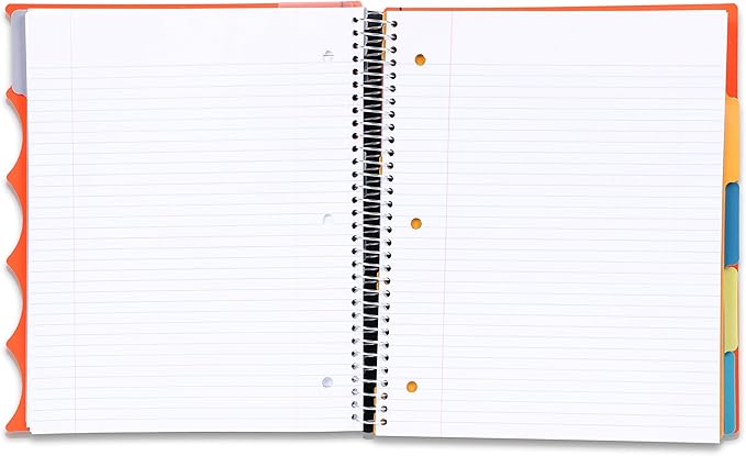 Mintra Office Durable PREMIUM Spiral Notebook, ((Orange, 5 Subject, 8.5in x 11in)), Fabric Covered Coils, No Snags, Removable Adjustable Pocket Dividers, Ruler, Organization, Customizable