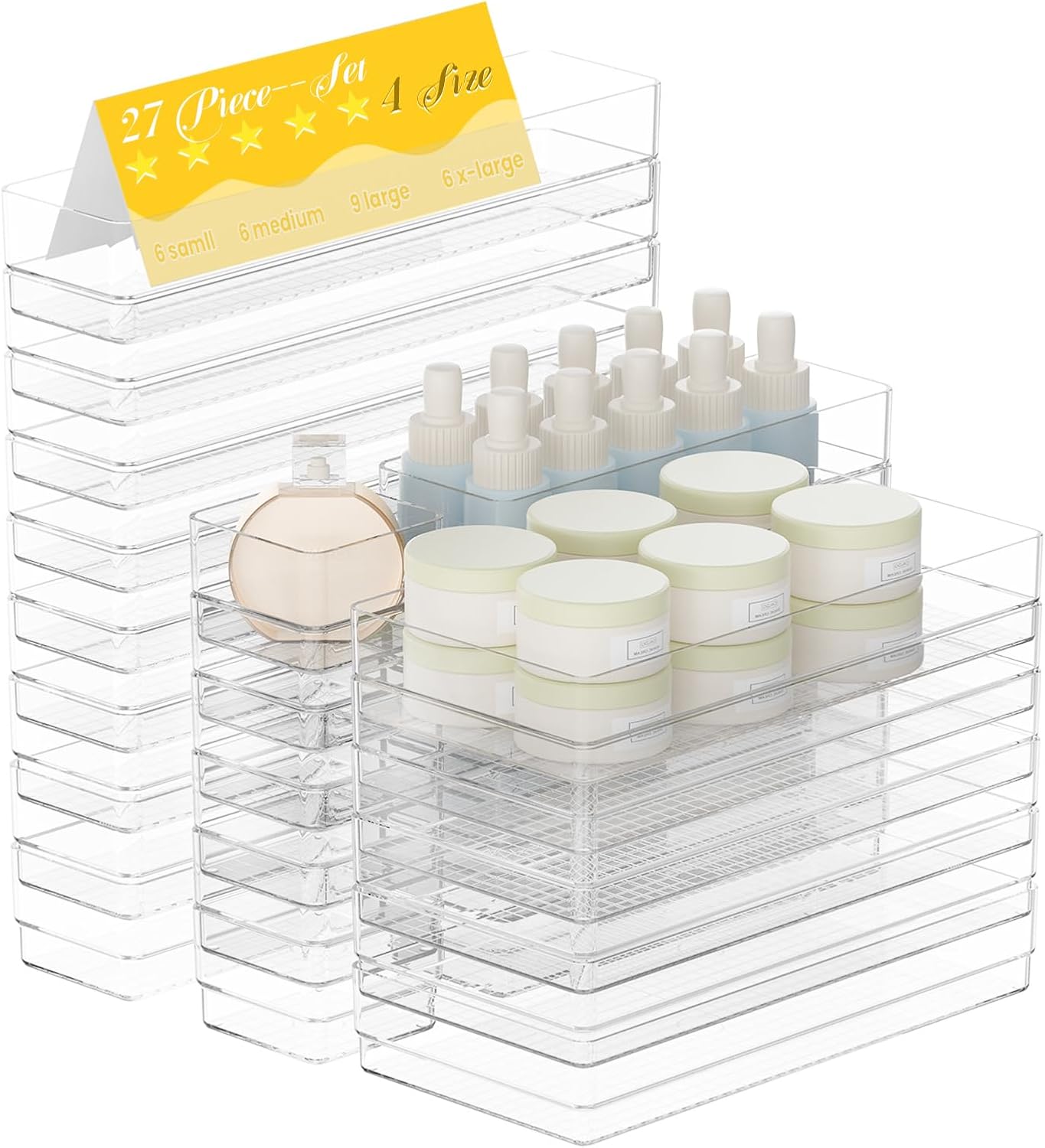 27 PCS Clear Plastic Drawer Organizer Set, 4 Sizes Acrylic Drawer Storage Trays Non Slip Storage Bins for Makeup, Jewelry, Gadgets for Kitchen, Bedroom, Bathroom, Office