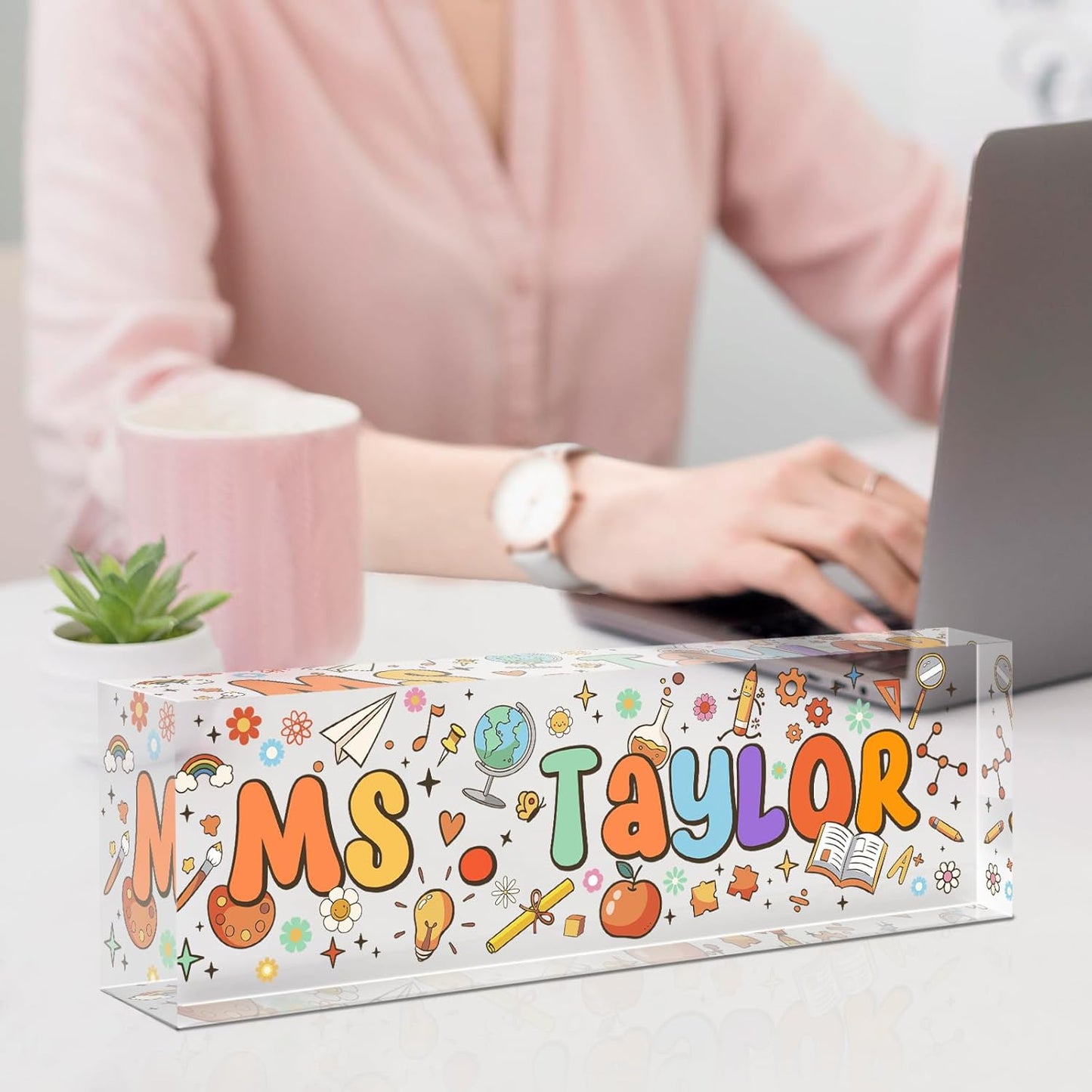 Custom Name Plate for Desk, Acrylic Office Decor For Women Men, Personalized Office Desk Accessories, Teacher Employee Appreciation Gifts For Social Worker Boss Coworkers (Teacher Gift)