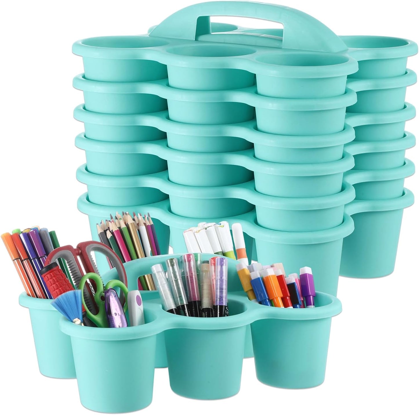 6 Pack Classroom Caddy with Handle Plastic Storage Caddy Organizer with 6 Compartments Drink Cup Caddies Holder Portable Storage Bin for Pencil, Crayon, Marker, Home, Office, School Supplies(Blue)