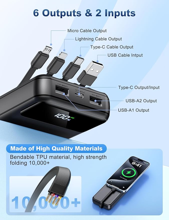 Portable Charger Power Bank 50000mAh Battery Pack, 22.5W Fast Charging PowerBank with Built in Cables,Travel Camping Essential USB-C Portable Phone Charger for iPhone Samsung Pixel Android iPad