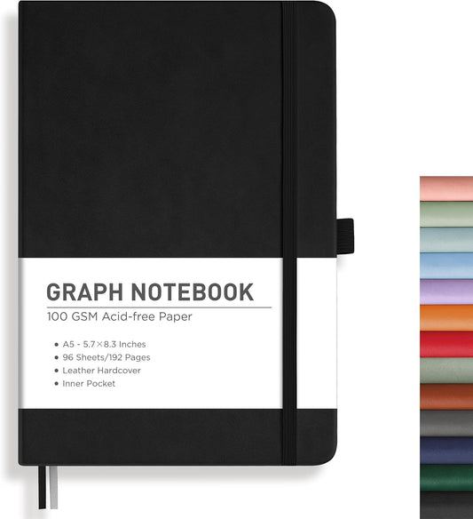 RETTACY Graph Grid Paper Notebook, 192 Pages, A5 Medium Size (5.7'' x 8.3''), 5 Squares per Inch, Leather Hardcover, 100 GSM Thick Paper, for School, Students, Math, Engineering (Black)