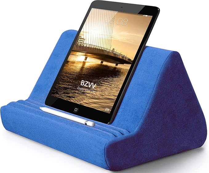 Soft Blues Electrical Blue Pillow Stand with Pocket - Lazy Holder for Bed Sofa with Adjustable Viewing Angle - Compatible with iPads Tablets eReaders Smartphones Books Magazines
