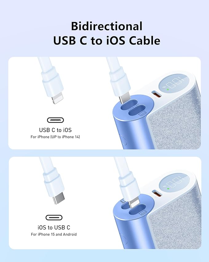 VEGER Compact Portable Charger with Built in Cable(Removable), 10000mAh Cute Power Bank 20W Fast Charging, Sparkling Battery Pack Fashion Travel Accessory Compatible with iPhone 15/14, Android-Blue