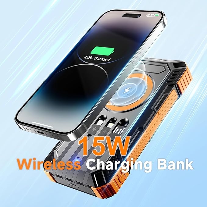 Solar Charger Power Bank 49800mAh 22.5W Portable Charger, 15W Wireless Charging QC 3.0 Fast Charging with LED Flashlight, Built-in 4 Cables, USB-C in/Output