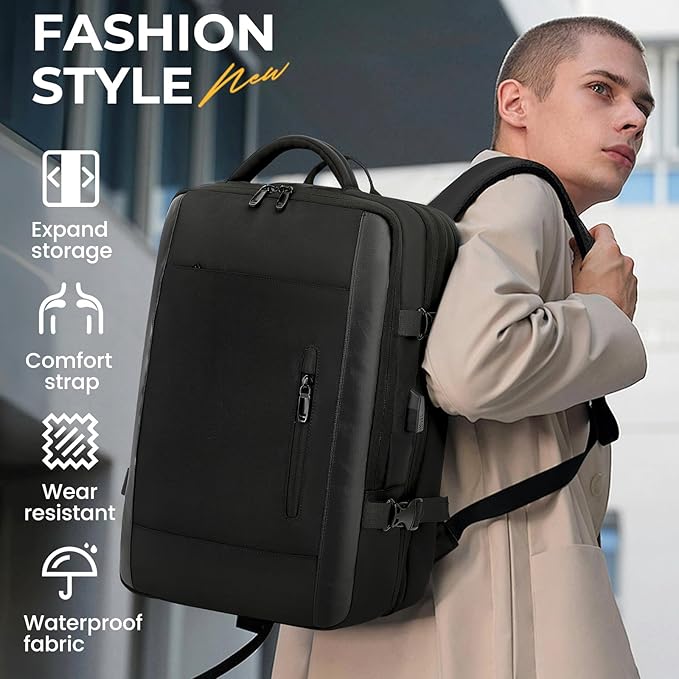Expandable Travel Backpack for Men Women,Large Carry on Backpack Suitcase with USB Charging Port,Mochila Bag fits 17.3" Laptop TSA Approved, Waterproof Weekender Business Hiking Casual Gifts