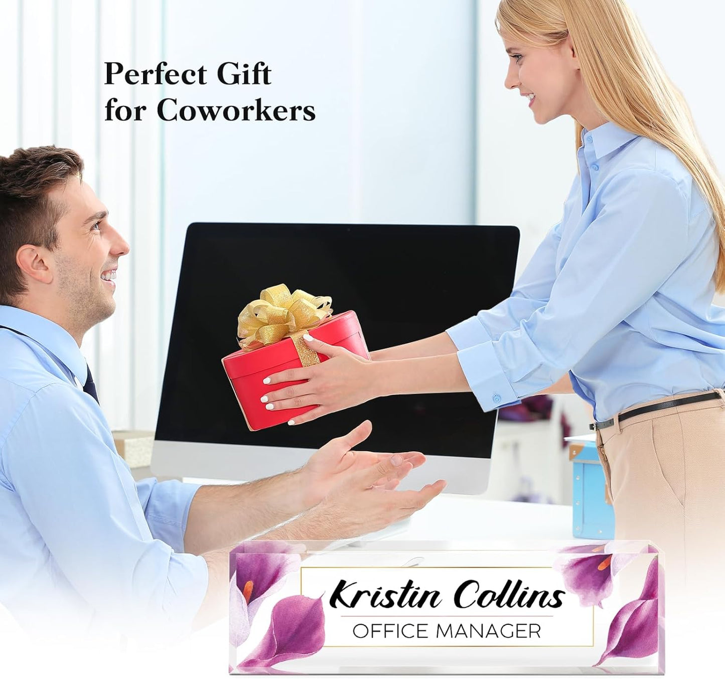 Custom Name Plate for Desk, Acrylic Office Decor For Women Men, Personalized Office Desk Accessories, Teacher Employee Appreciation Gifts For Social Worker Boss Coworkers (Purple Flower-2)