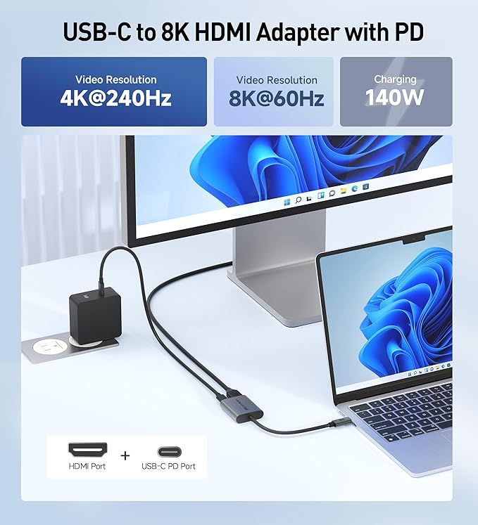 Cable Matters 48Gbps USB C to HDMI 2.1 Adapter with 140W Charging for MacOS, Windows, Supports [4K@240Hz /8K@60Hz HDR], Thunderbolt to HDMI Adapter, Compatible for MacBook, XPS, NO VRR Support