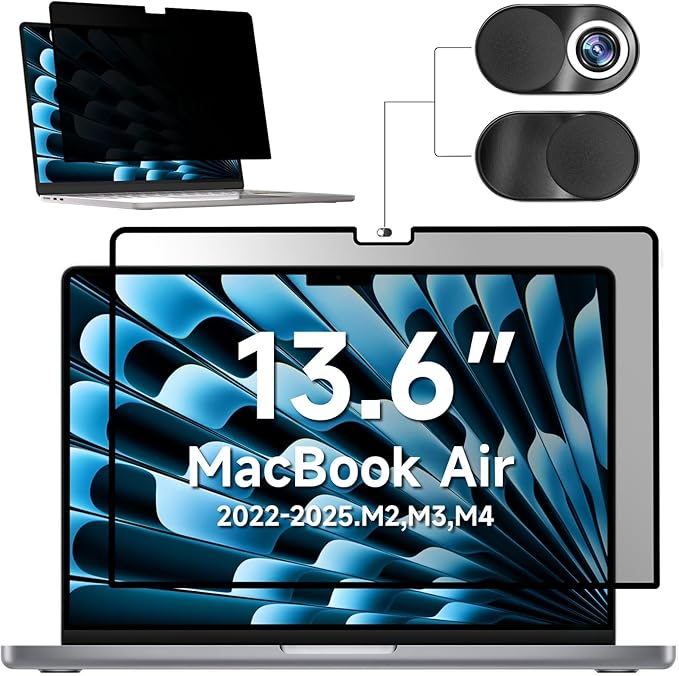Privacy Screen for MacBook Air 13.6/13 Inch (2022-2025, M2,M3,M4) - A2681, A3113, Removable Vacuum Adsorption Anti Spy,Anti Glare Anti Blue Light Filter for Mac Laptop Computer