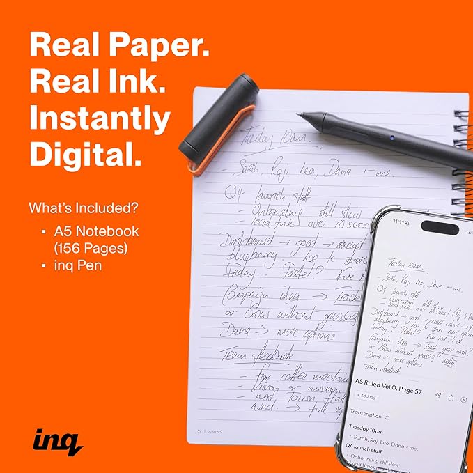 inq Smart Writing Set – Converts Handwriting to Text – Real Ink on Real Paper - AI Note Taking, Voice Recording and Transcription, For iPhone and Android - Smart Pen & Notebook (A5, Journal Size)