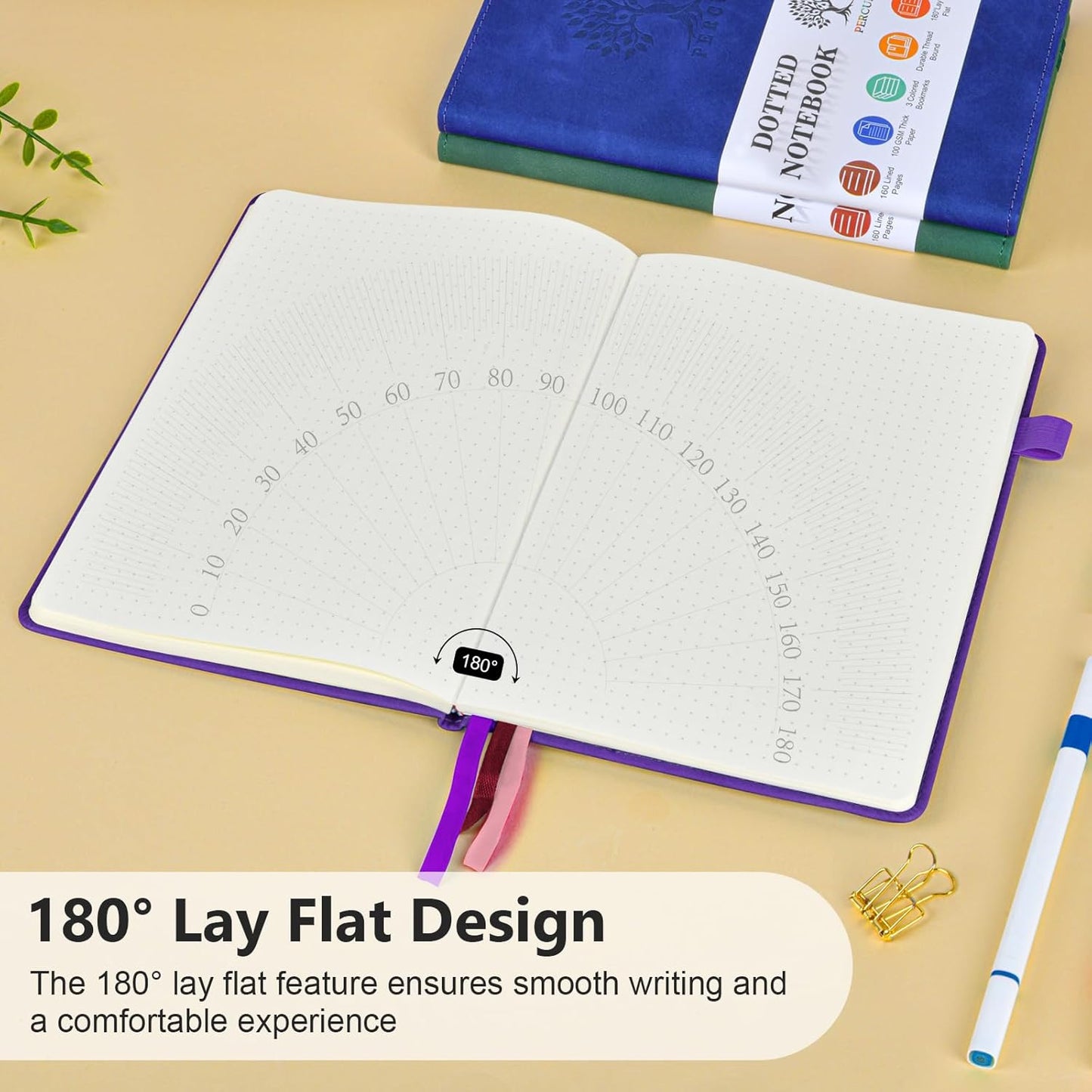 PERCUN Dotted Journal Notebook for Men & Women, 160 Pages Dot Grid notebook for Note Taking, Bullet Journaling Notebook for Work, School, Travel, Writing, A5 Hardcover 5.9" x 8.5"(Purple)