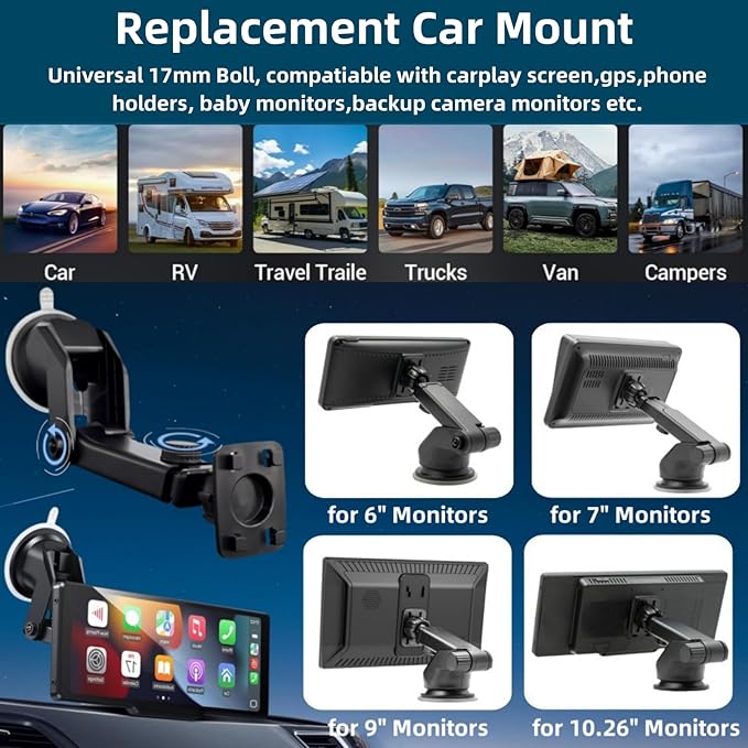 Carplay Screen Mount, Bendable Flexible Dashboard Suction Cup Bracket for 7Inch 9Inch 9.3 Inch 10.26 Inch Portable Car Play Windshield GPS Mount Phone Holder