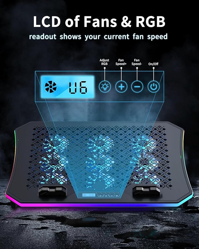 KeiBn Upgraded Gaming Laptop Cooler Pad with 9 Quiet RGB Fans, Cooling Pad for 15.6-17.3 Inch Laptops with 7 Height Stands, 2 USB Ports, Phone Stand-Blue