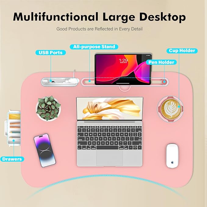 Lap Desk for Bed Adjustable Height, Foldable Bed Table with Storage Drawer, Tablet Slot & Cup Holder, Portable Laptop Stand for Bed & Sofa, Bed Desk for Adults & Kids, Pink