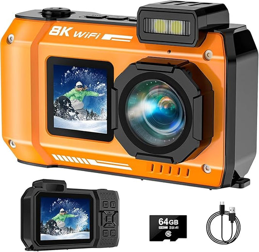 UHD 8K Underwater Camera, 70MP 33FT WiFi Waterproof Digital Camera with 64GB Card, Auto Focus Waterproof Dual-Screen Selfie 2500mAh Battery, 16X Floatable Digital for Snorkeling, Orange