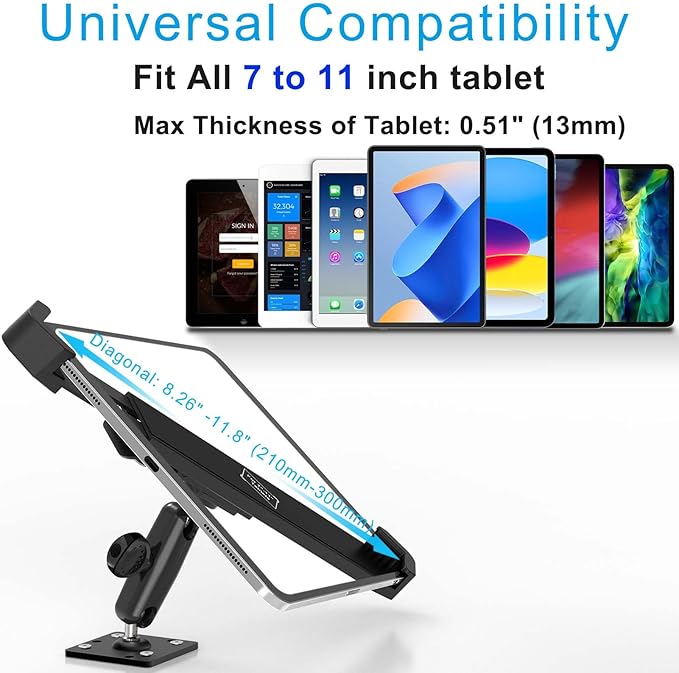 Tablet Wall Mount Lock Holder for 7-11" iPad, Metal Anti Theft Tablet Kiosk Mount with Secure Lockable for Conference Room, Desktop, Under Counter, Cabinet, Gym - Fits iPad, Galaxy Tab Series