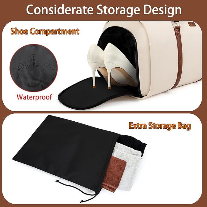 4pcs Convertible Garment Duffel Bag for Travel - 50L 2-in-1 Carry On Weekender Overnight Bag with Toiletry Bag, Fits Suits & Dresses, Trolley Sleeve, Hanging Suit Compartment, Waterproof Shoe Pocket