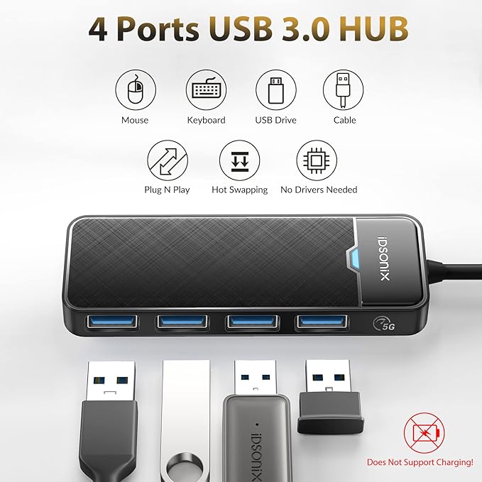 iDsonix USB 3.0 Hub 4-Port USB Splitter Ultra-Slim Multiport Extender for Desktop, Laptop, Xbox, Flash Drive, HDD, Console, Printer, PC, Keyboards, Mouse[Charging Not Supported](6ft Cable)