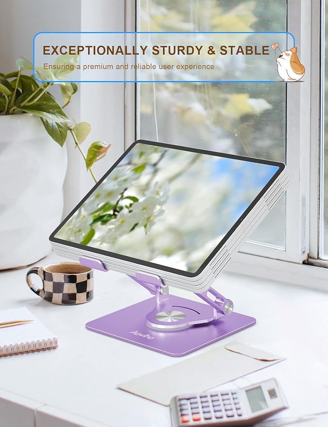 Tablet Stand 360° Rotating Aluminum Holder - Adjustable, Portable & Foldable Monitors Stand for iPads, Compatible with 4-13.3" Tablets, Purple