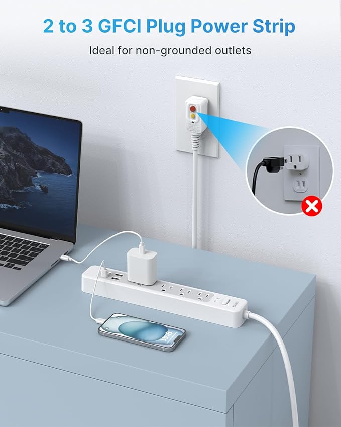 VINTAR 2 Prong GFCI Power Strip, 2 Prong to 3 Prong GFCI Plug Adapter, 10ft Extension Cord with 4 Outlets & 4 USB(2 USB-C), 1440J Surge Protector, Polarized Plug Wall Mount for Non-Grounded Outlet