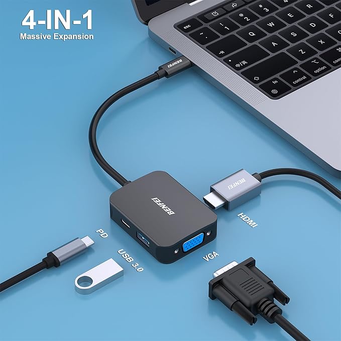 BENFEI USB C HUB 4in1, USB Type-C to HDMI VGA Adapter, USB C to USB Adapter, USB Type-C Power Delivery, Compatible with iPhone 15 Pro/Max, MacBook Pro/Air 2023, iPad Pro, iMac, S23, XPS 17