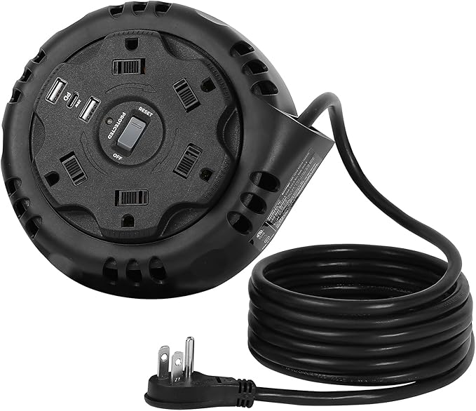 10ft Flat Plug Surge Protector Power Strip, Retractable Extension Cord with Multiple Outlets, 5 AC & 3 USB Charger(1 USB C Port), Desktop Charging Stations for Home/Office/Dorm Room