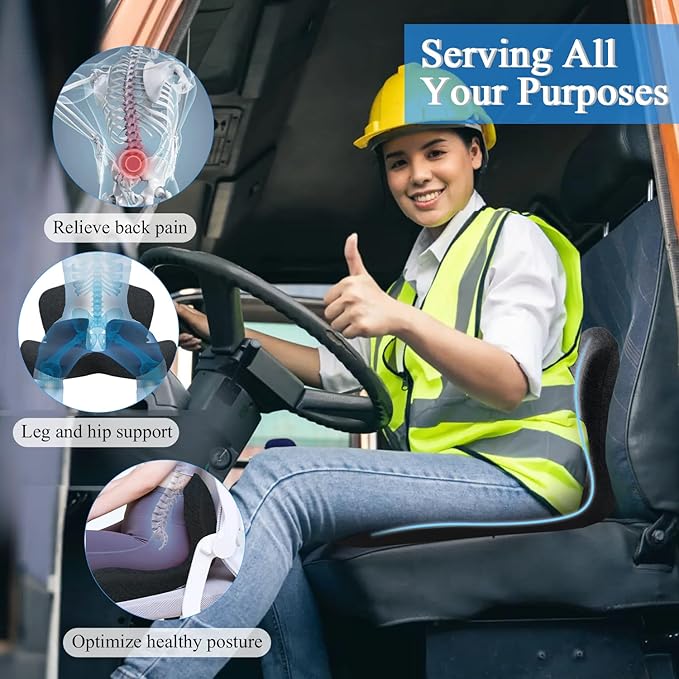 Seat Cushion for Truck Driver, Memory Foam Truck Seat Cushion with Adjustable Strap – Ergonomic Back Support & Sciatica Relief for Long Drives, Semi Truck Accessories, Dark Gray