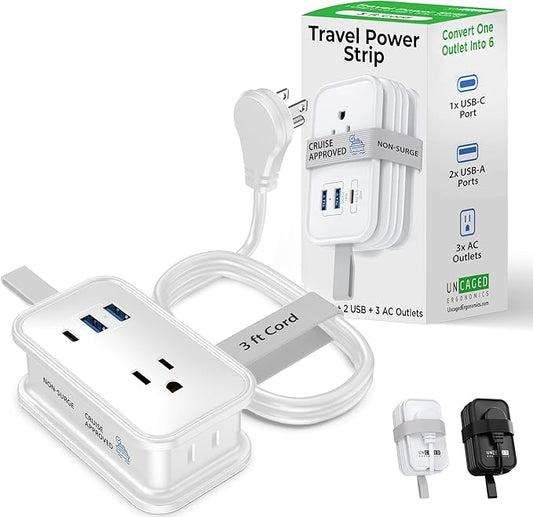 Travel Charger for Multiple Devices, Flat Plug Power Strip 3ft Adapter Extension Cord, 3 AC Outlets, 2 USB & 1 Fast Charging USB-C, No Surge Cruise Approved, Portable Power Strip