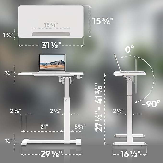 ONKRON Laptop Cart on Wheels, max Load up to 17.6 lbs, Small Rolling Table with Hidden Wheels, Mobile Standing Desk Adjustable Height, 90° Tilting Portable Workstation, Overbed Bedside Desk White