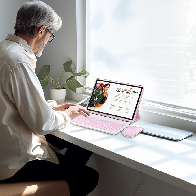 Android 15.0 10Inches Tablet, 18GB RAM+128GB ROM+2TB Expandable, Tab Set with Keyboard/Case/Mouse/Stylus, 2.0GHz Quad-core Processor, 1280 * 800 IPS HDScreen, 5G WiFi6 BT 5.0 (Pink)